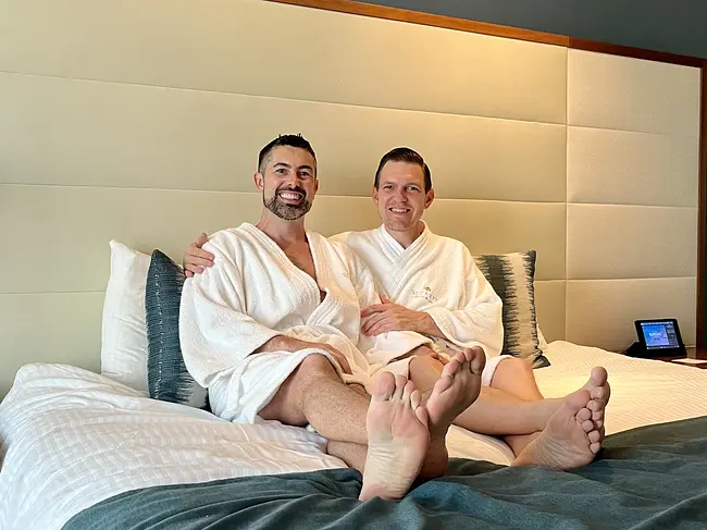 Two Gay Expats - Cancun, Quintana Roo, Mexico - Secrets The Vine - King Sized Bed - Andy & Trai Wearing Robes
