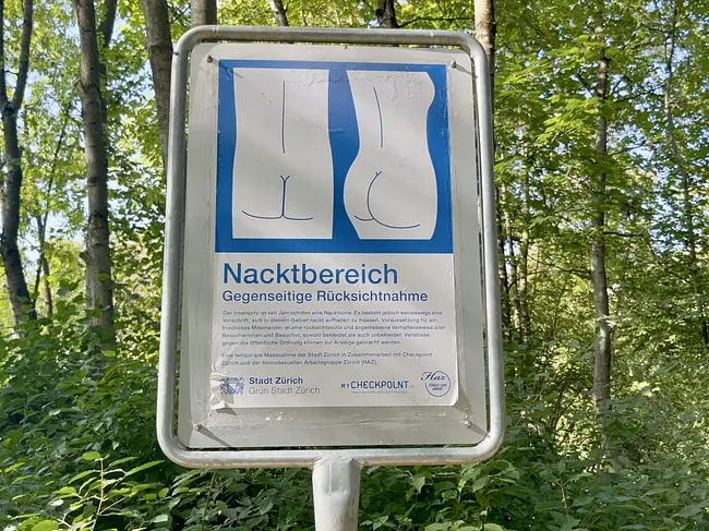Two Gay Expats - Gay Nude Beaches - Zurich, Switzerland - Werdinsel FKK - Nudist Sign