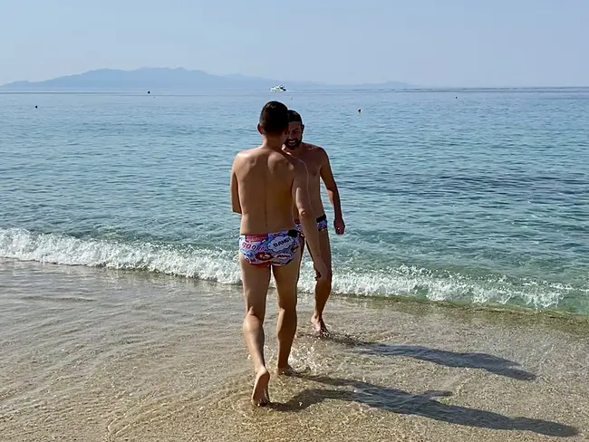 Two Gay Expats - Gay Nude Beaches - Mykonos, Greece - Elia Beach - Andy & Trai Play