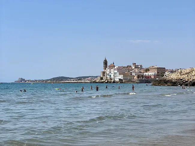 Two Gay Expats - Gay Nude Beaches - Sitges, Spain - Balmins Beach - View to Town