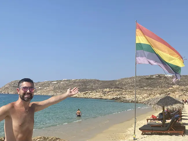 Two Gay Expats - Gay Nude Beaches - Mykonos, Greece - Elia Beach - Gay Flag