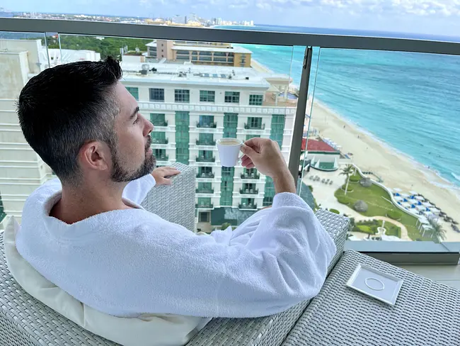 Two Gay Expats - Cancun, Quintana Roo, Mexico - Secrets The Vine - Suite Balcony - Coffee - Trai - Closeup