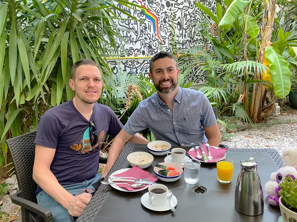 Trai & Andy enjoying breakfast at Hotel Liberty