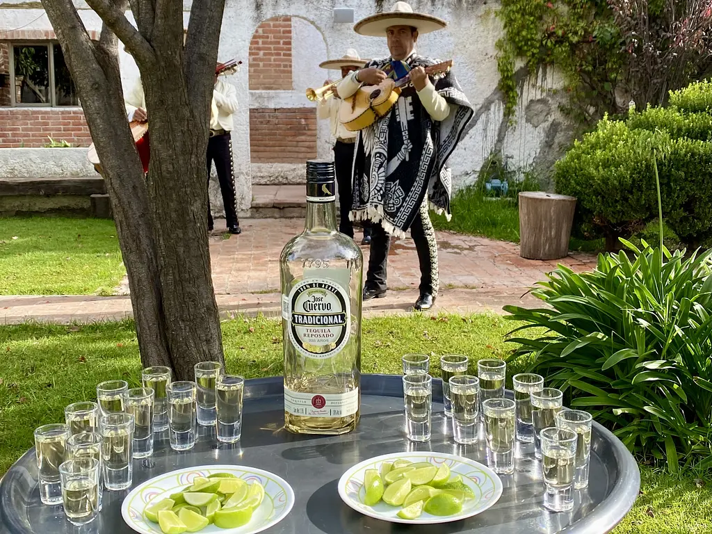 Post-flight garden breakfast with tequila on tray and mariachi band