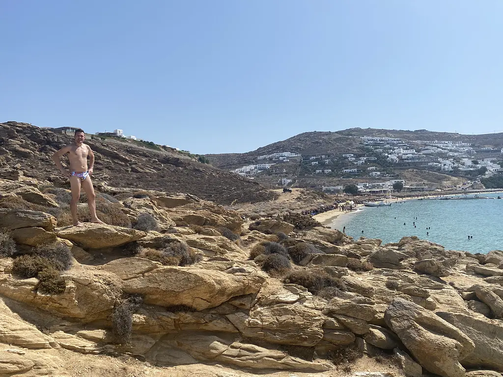 Two Gay Expats - Gay Nude Beaches - Mykonos, Greece - Elia Beach - Rocks to Nudist Section